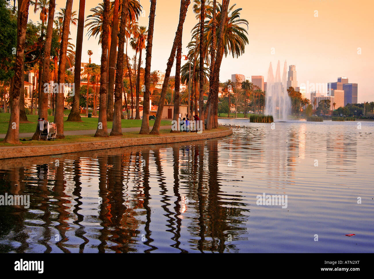 View of Los Angeles skyline from Echo Park at sunset Stock Photo - Alamy