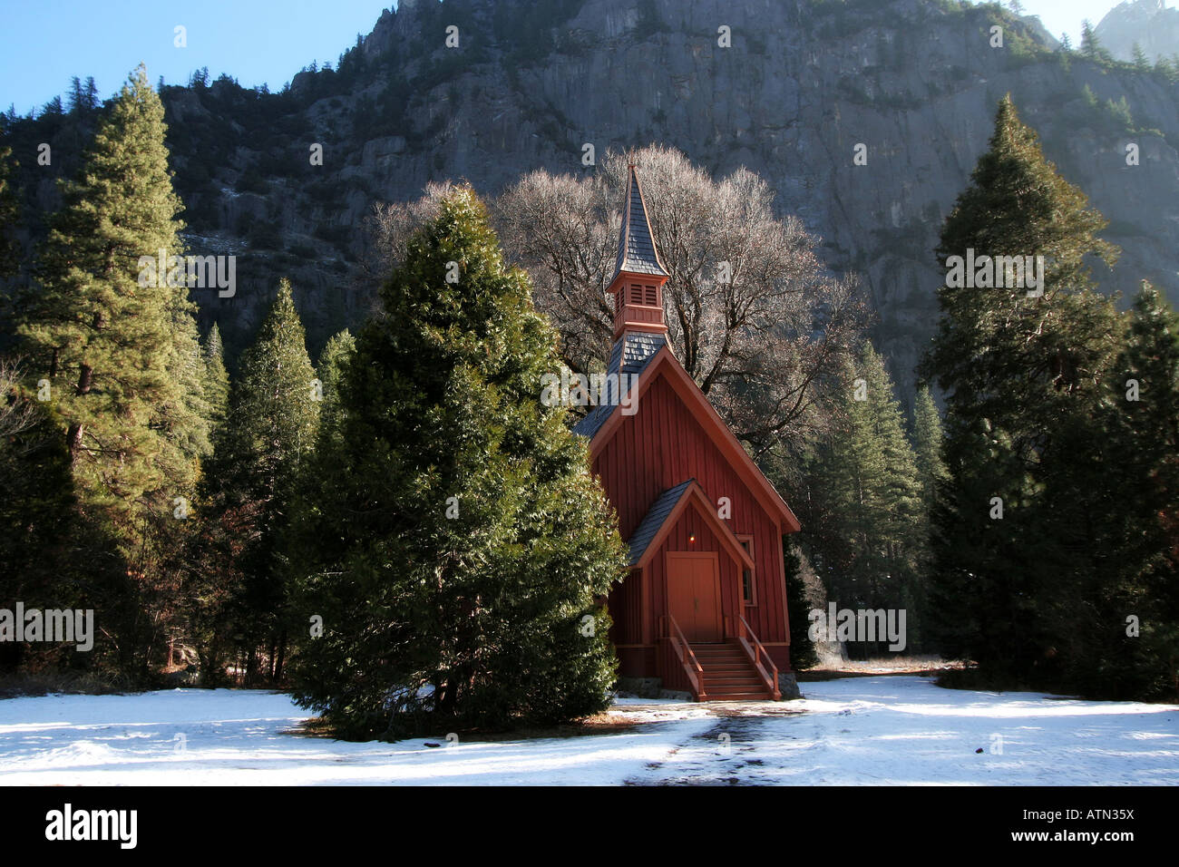 Yosemite Chapel in Winter Stock Photo