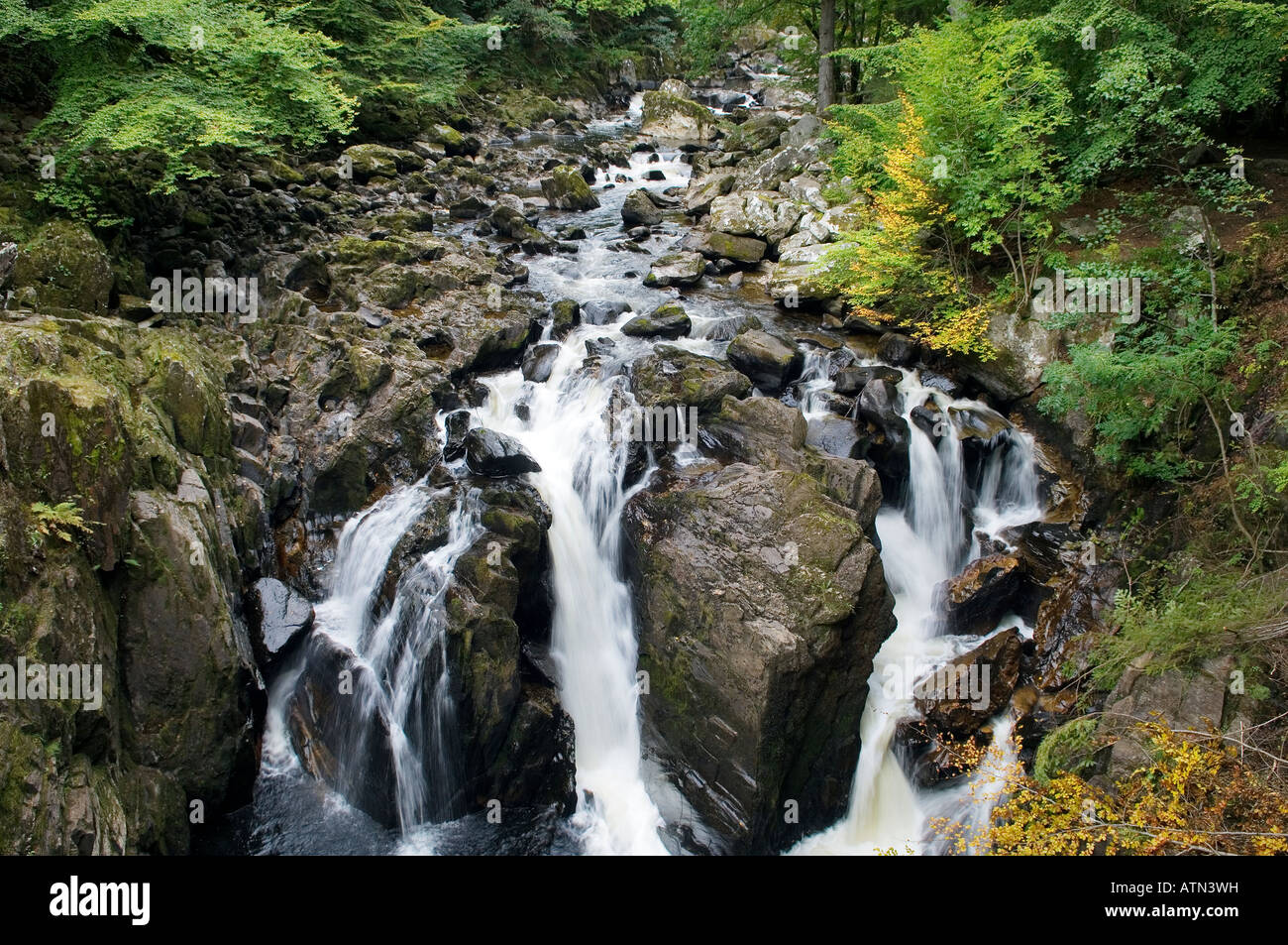 Falls on River Braan near Aberfeldy seen from folly known as Ossian’s Hall in woodland known as The Hermitage, Tayside, Scotland Stock Photo