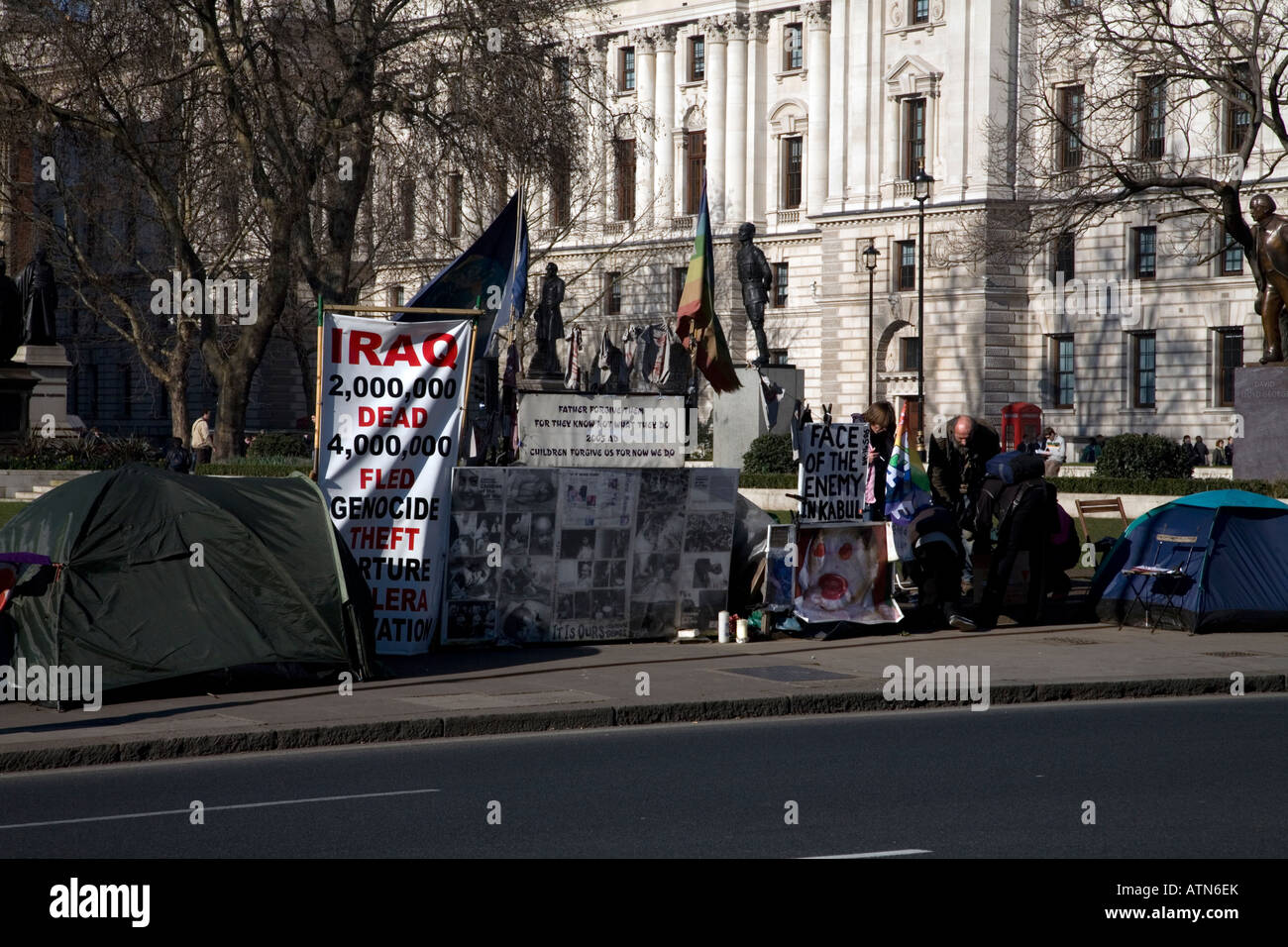 Iraq war Protesters Peace Camp HM Treasury Building Parliament Square London England Stock Photo