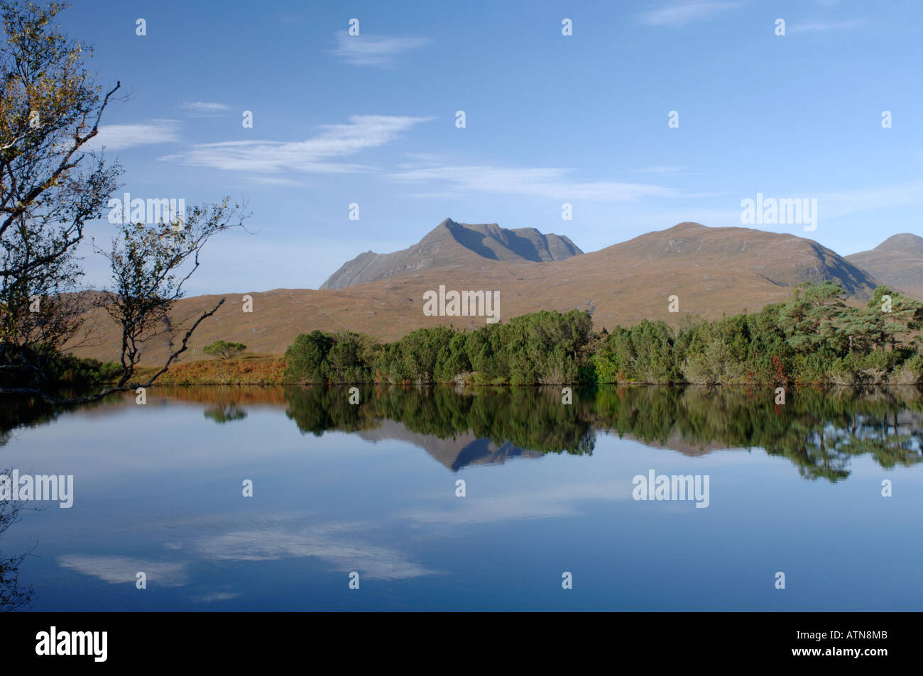 Coigach Mountains from Drumrunie Loch, Inverpolly National Nature Reserve. Ross and Cromarty, Scotland.  XPL 3851-368 Stock Photo