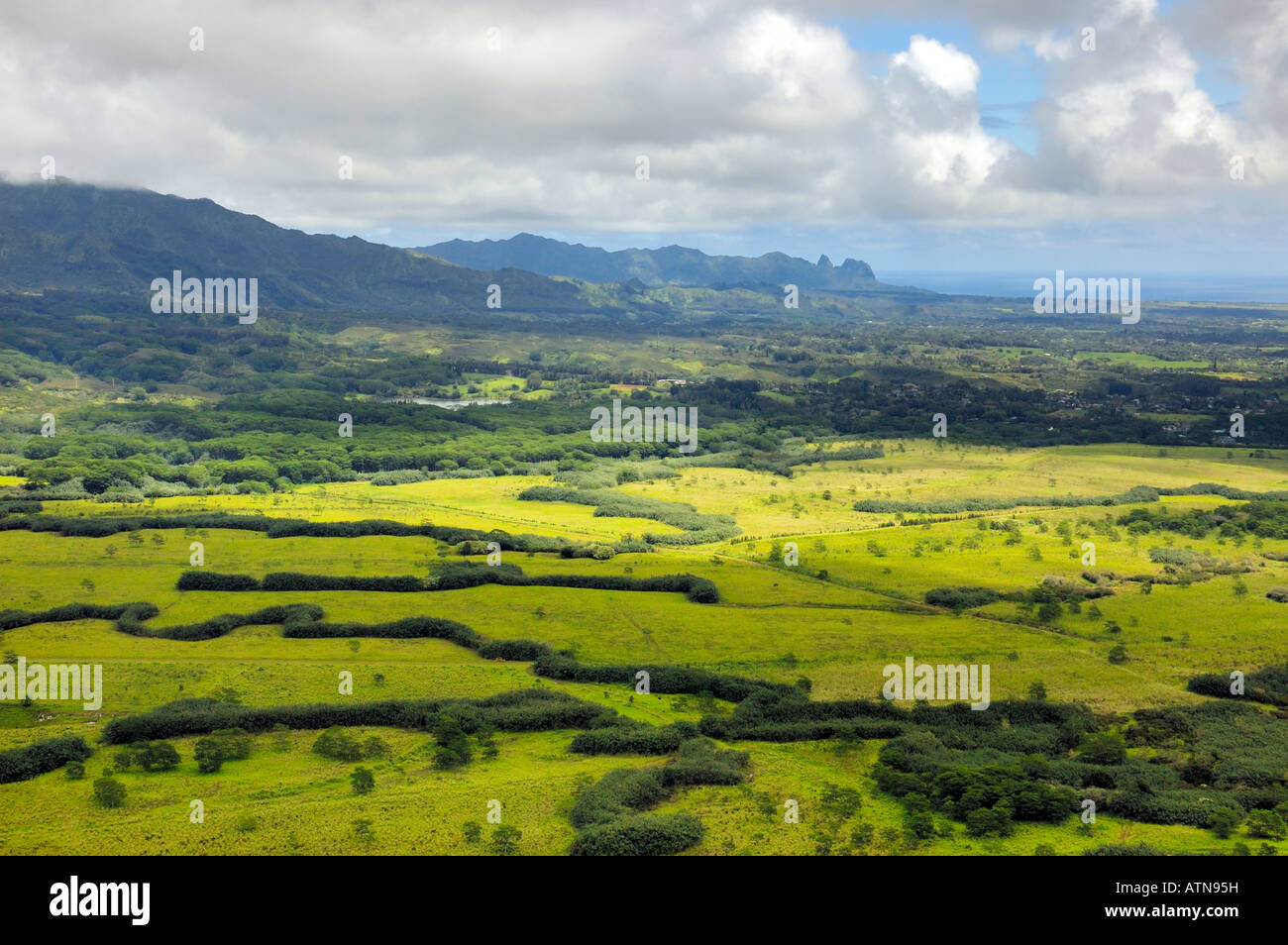 The rouged volcanic mountains in the center of the island turn into gentle sloped fields towards Lihue Kauai Hawaii USA Stock Photo