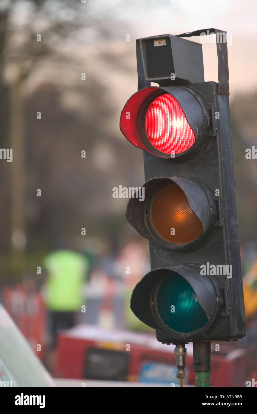 roadworks traffic lights on red Stock Photo Alamy