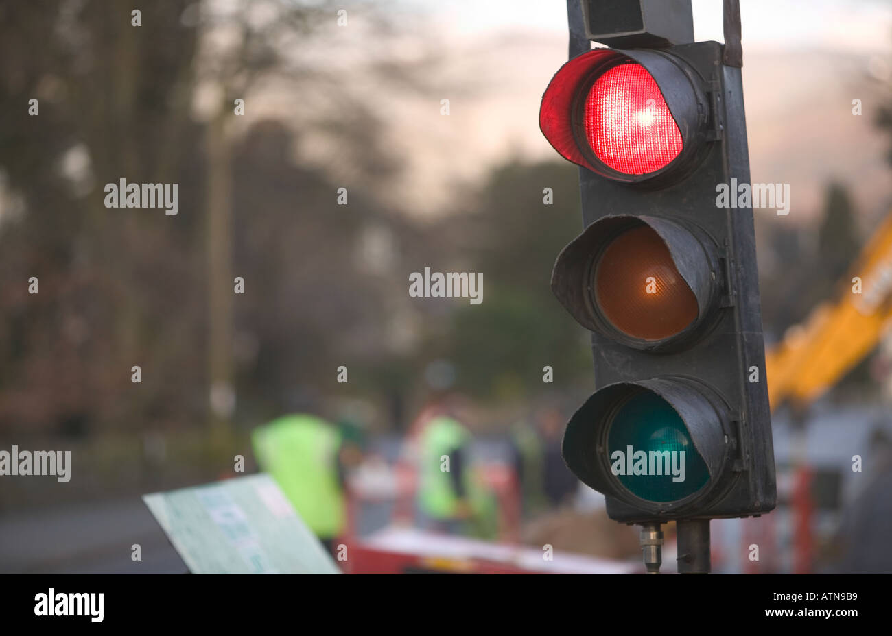 roadworks traffic lights on red Stock Photo Alamy