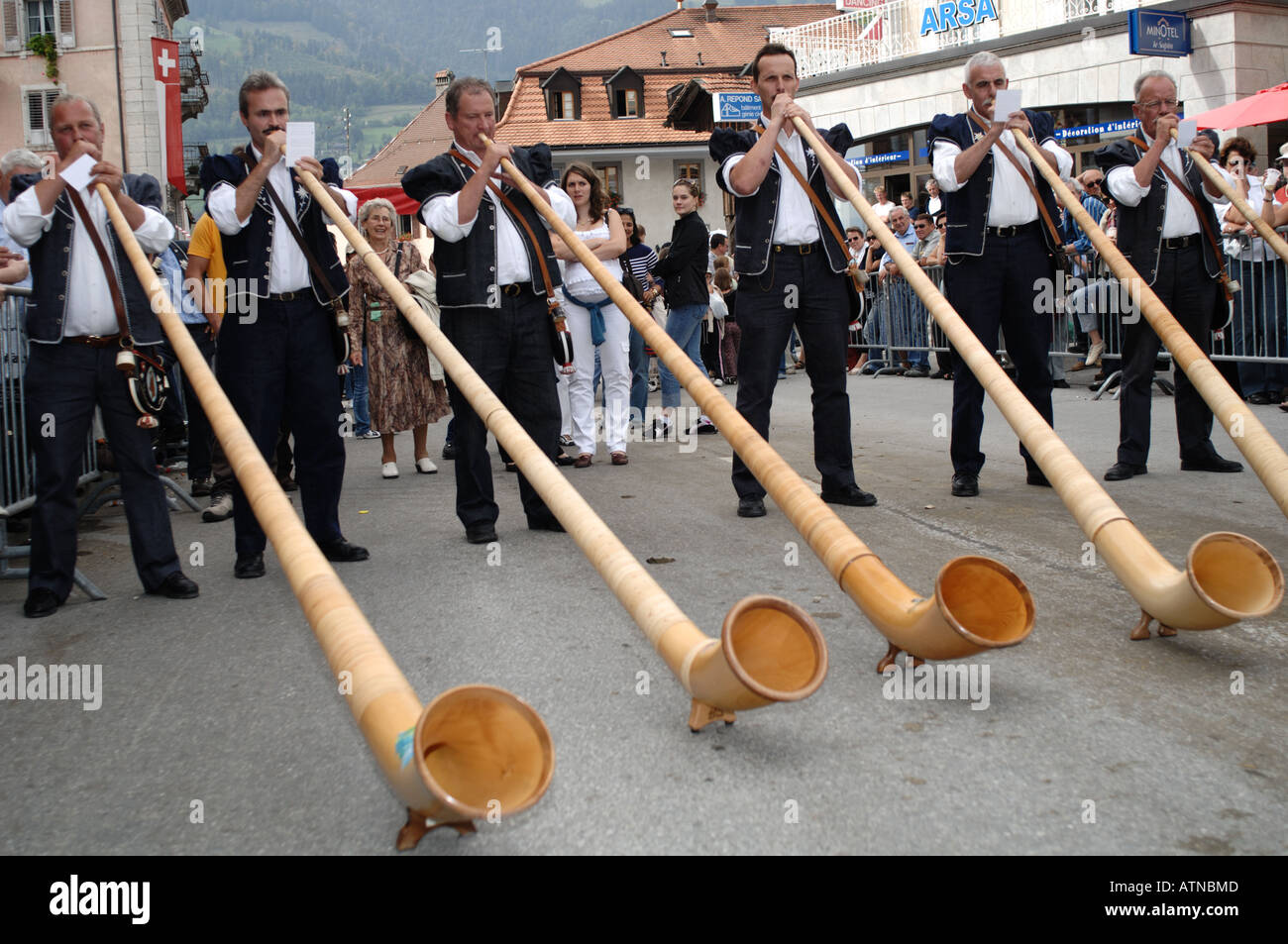 Alpen horn at Désalpes festival Charmey Switzerland Stock Photo