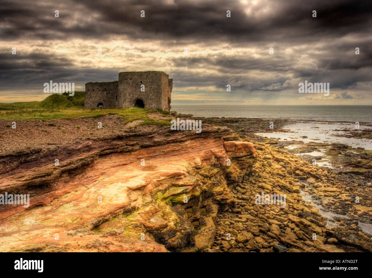 Old lime kilns on Bodin Point on the Montrose Angus coastline. Scotland.  hdr Stock Photo