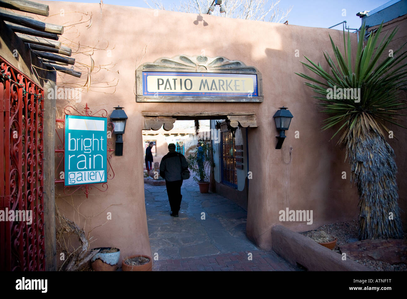 Entrance to Art Gallery and shopping area, with adobe walls, Albuquerque, New Mexico Stock Photo