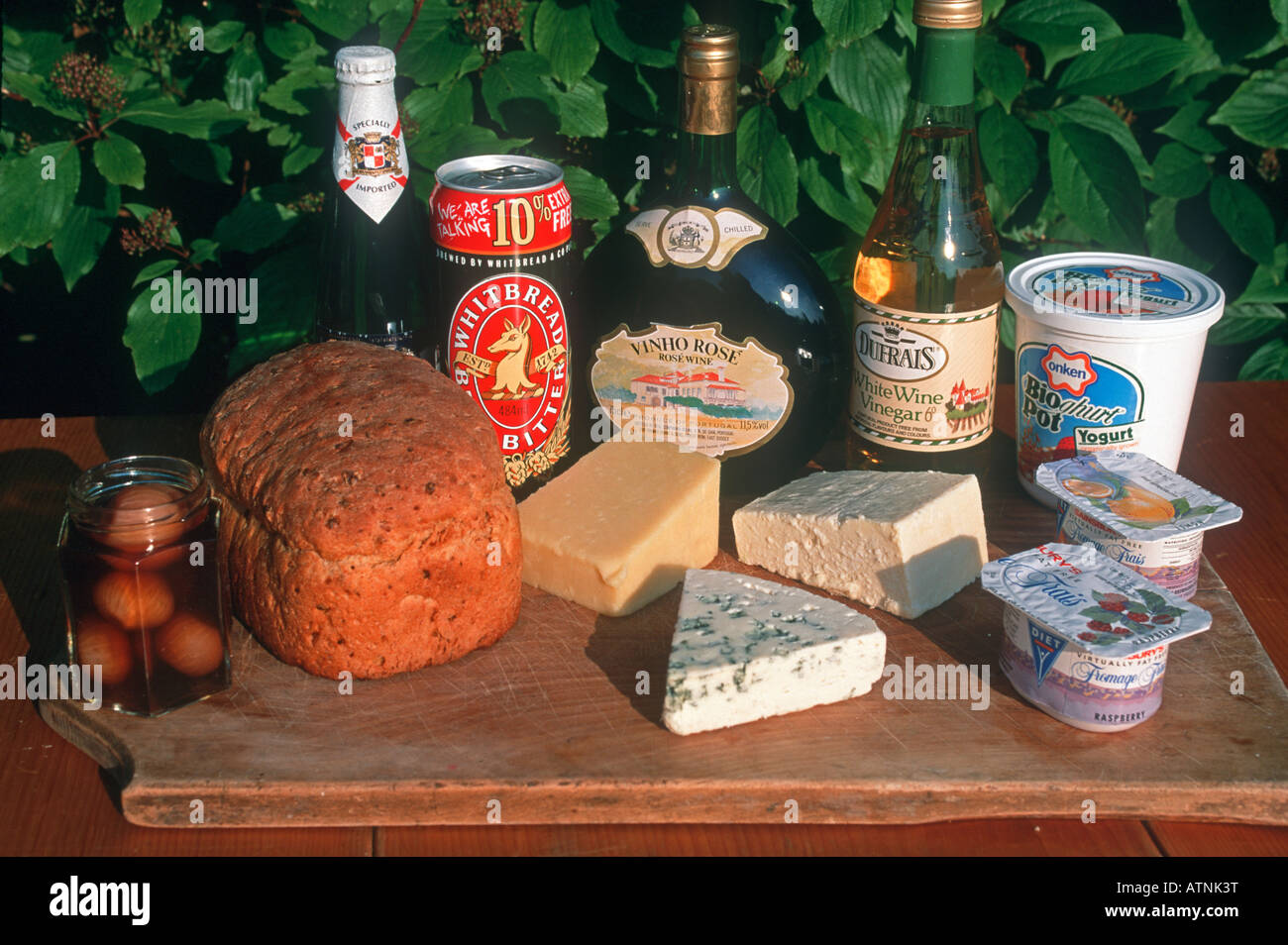 Biotechnology products cheese bread yoghurt beer and wine UK Stock