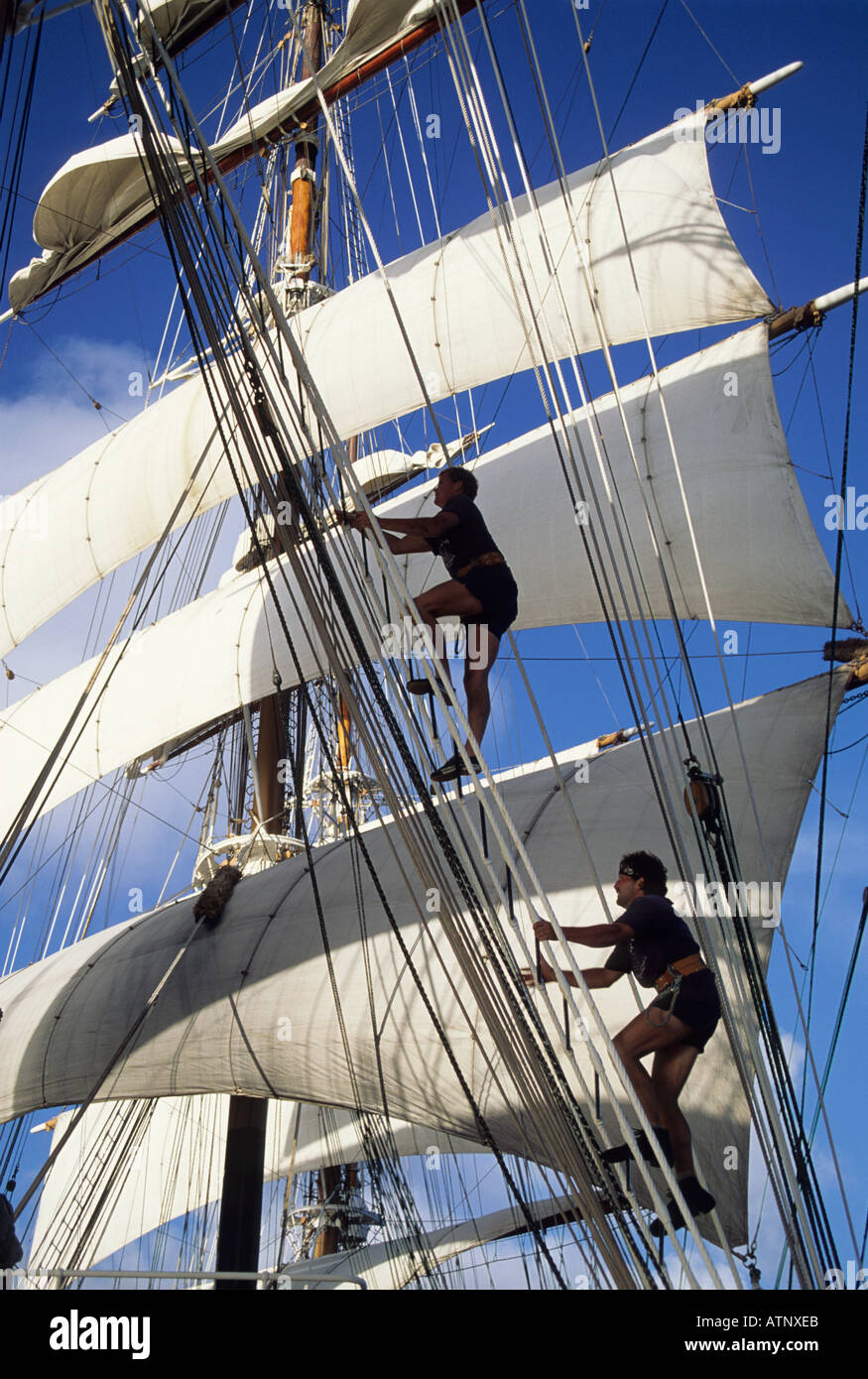 Sailing Yacht SEA CLOUD Crewmembers climb rigging on square rigged ship