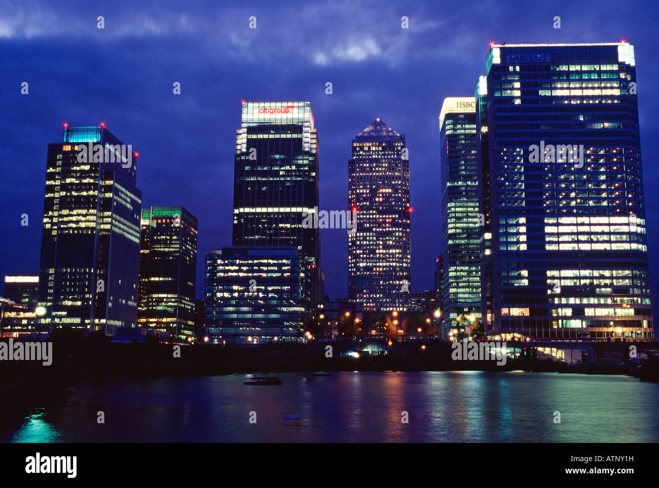 london docklands canary wharf high rise tower blocks night reflections ...