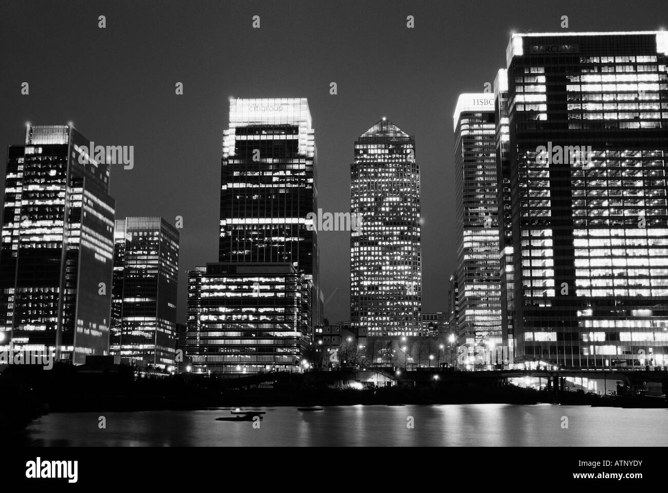 london docklands canary wharf high rise tower blocks night reflections