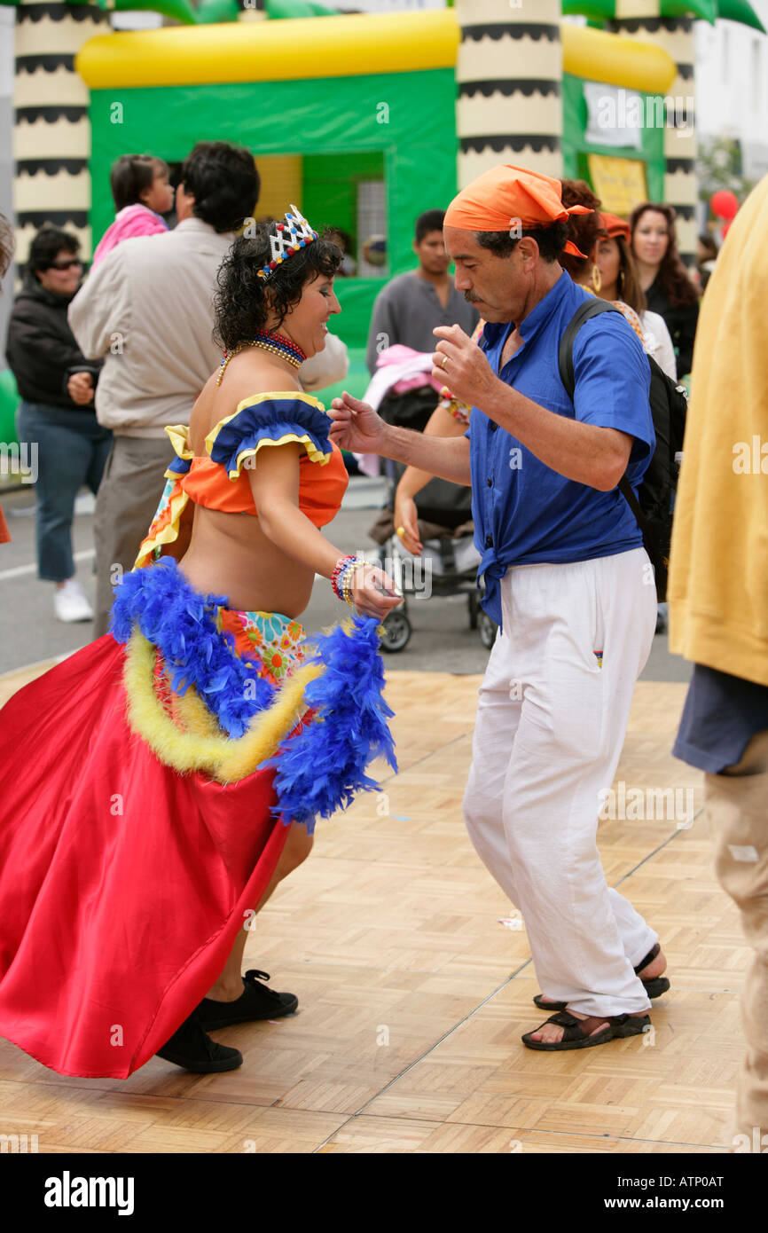 Colombian dancers at San Francisco Carnaval Parade and Festival, San Francisco, California, USA. Stock Photo