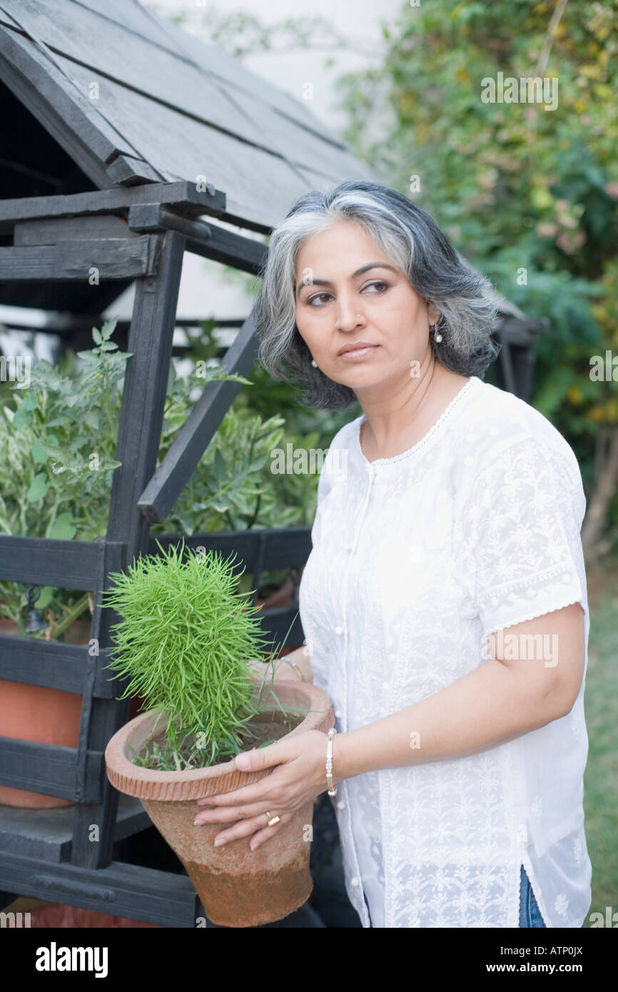Side profile of a mature woman holding a potted plant Stock Photo - Alamy