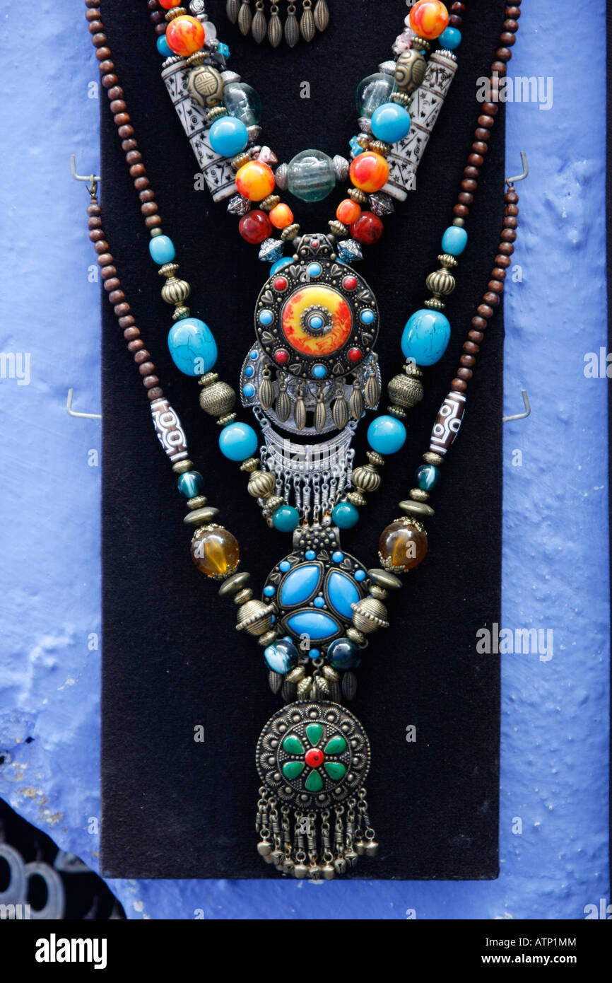Brightly coloured Moroccan jewellery on sale in Chefchaouen Stock Photo