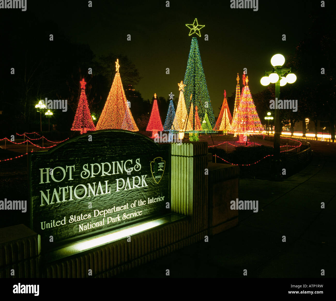 Lighted Christmas tree display on Christmas Eve in Hot Springs National