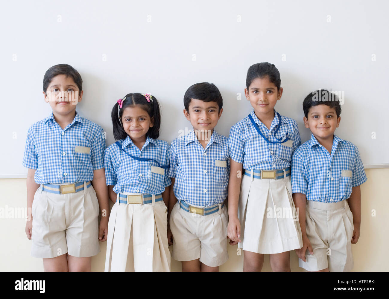 Portrait of five schoolchildren standing in front of a whiteboard and