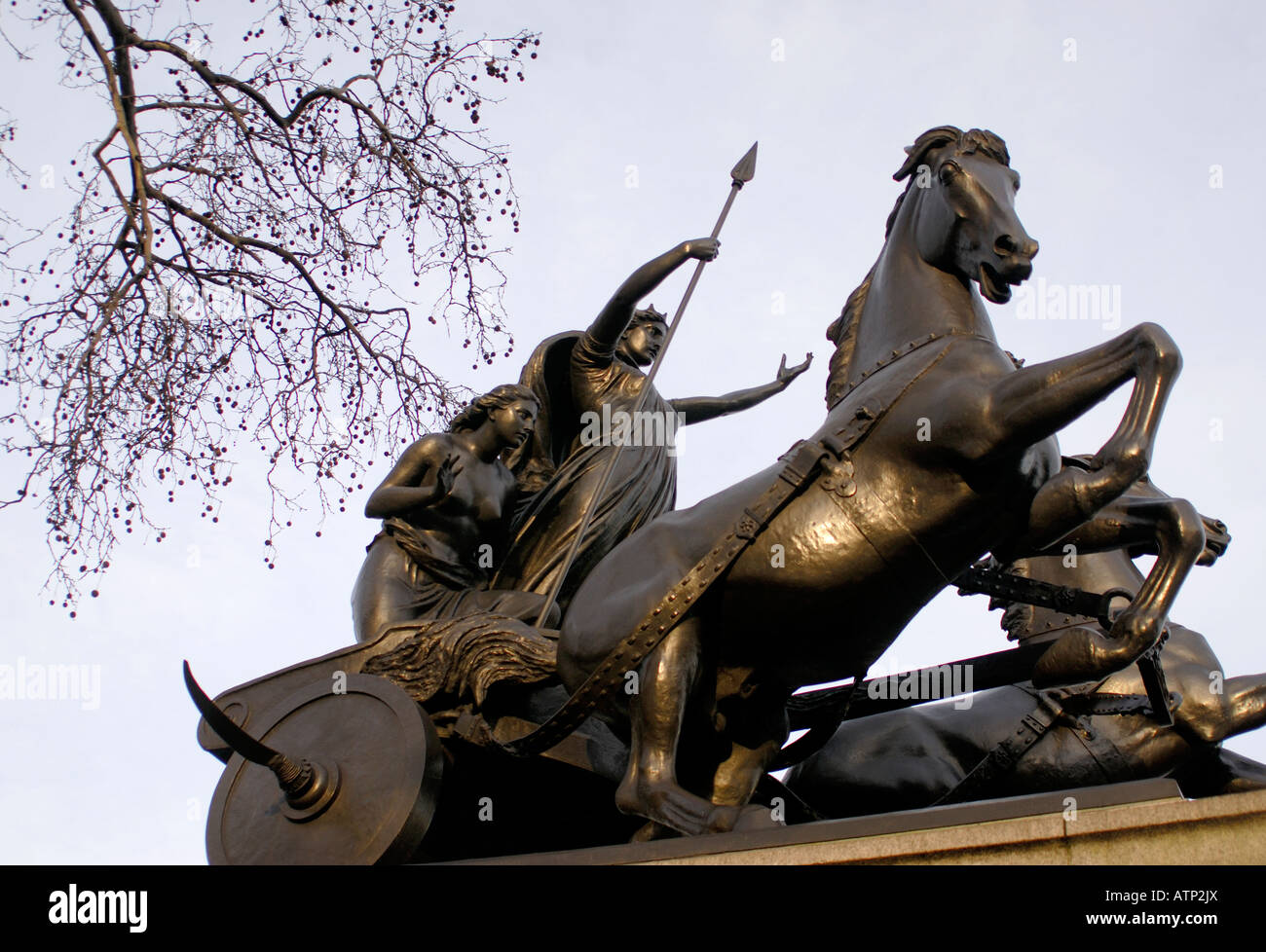 Bronze statue of Boudica Boudicca or Boadicea queen of the Iceni and her daughters in a war chariot Stock Photo