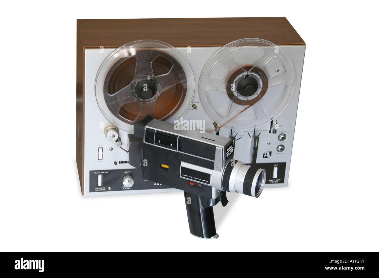 Retro 1960's audio visual equipment Super 8 film camera reel to reel tape recorder Stock Photo