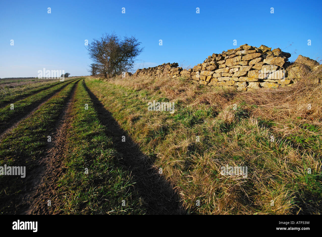 A dry stone wall (also known as a dry-stone dyke, drystane dyke, dry-stone hedge, or rock fence) in Lincolnshire, England. Stock Photo