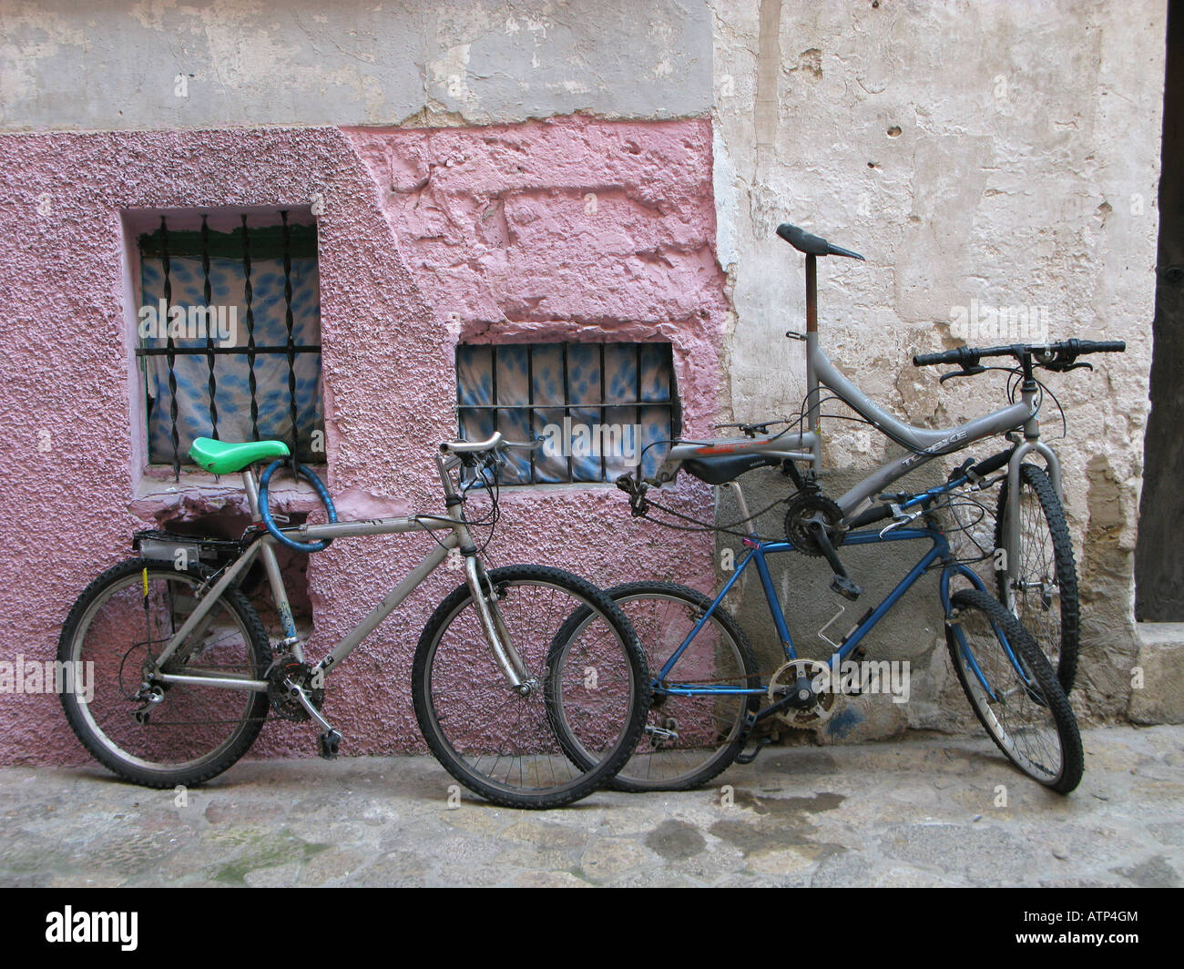 three bicycles in Palma street, Mallorca Stock Photo