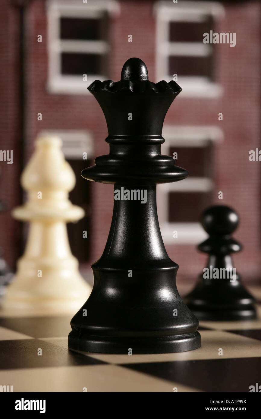 [Black queen with chess board and model house] Stock Photo