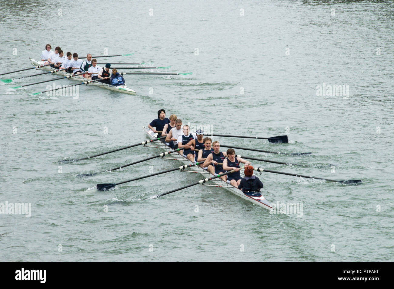 2008 Torpids bumps rowing race men's first boats begin below Donnington Bridge on the Thames February Stock Photo