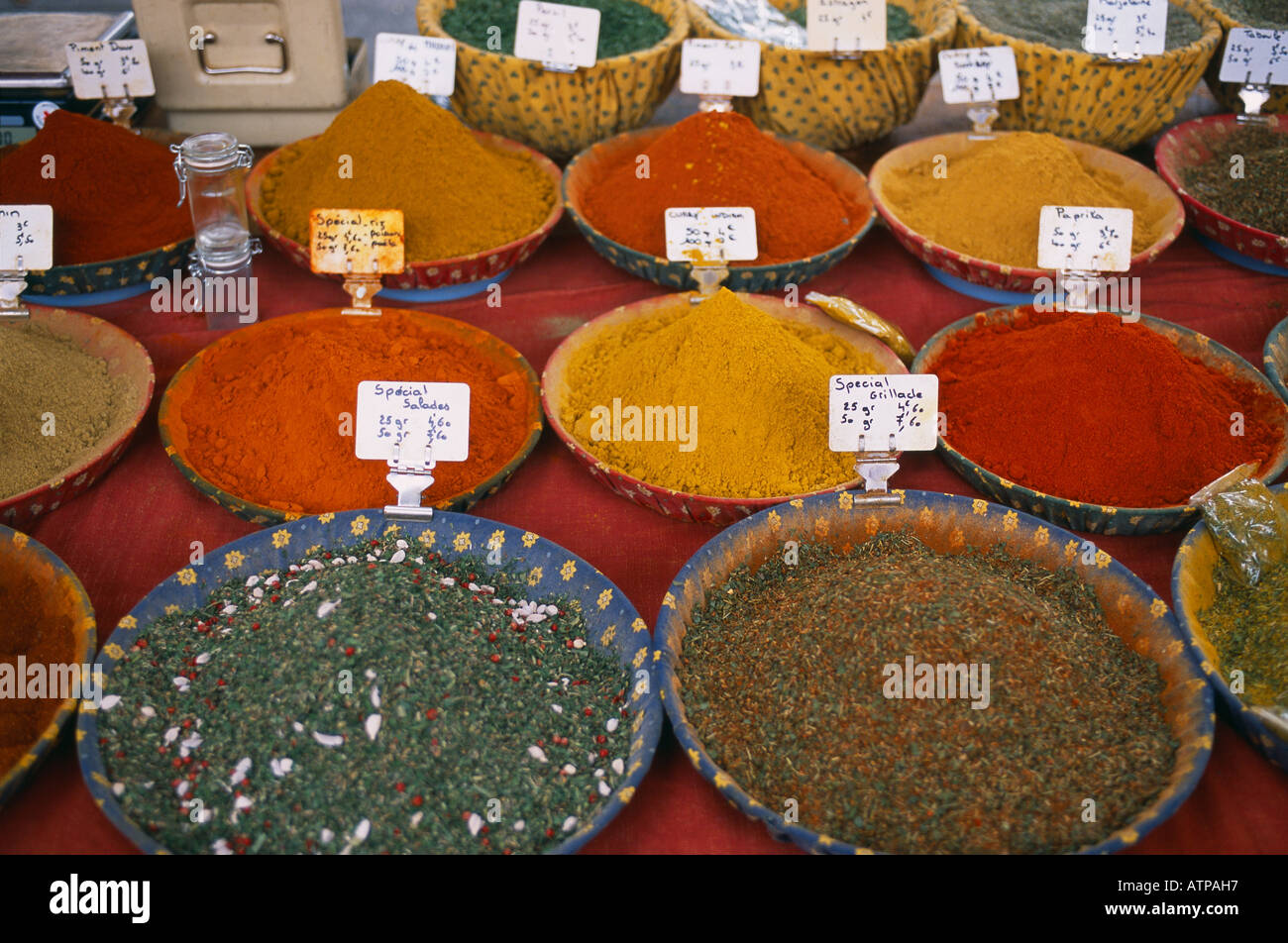 herbs spices on sale in the market Arles Provence France Stock Photo