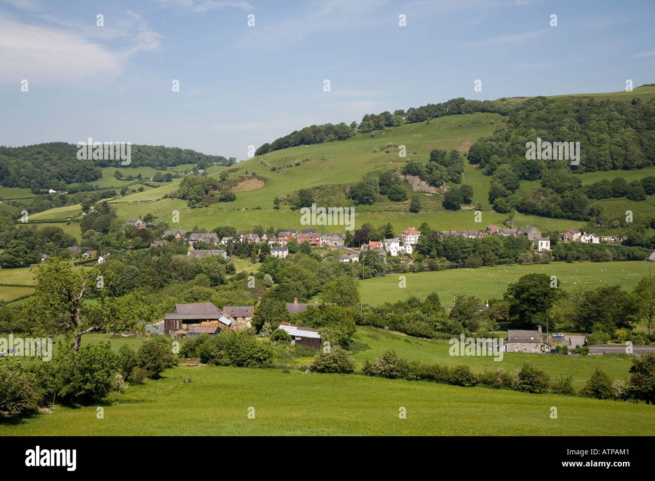 Example of rural farming land and village Carrog in the Dee valley