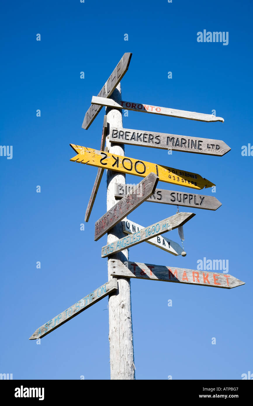 Traditional style signpost Bamfield Vancouver island Canada Stock Photo ...