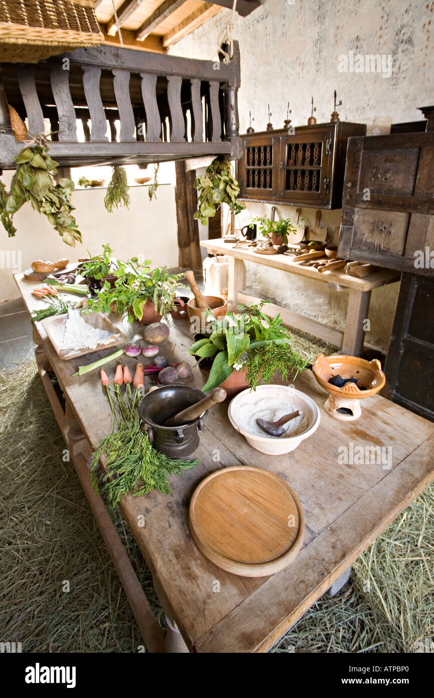 https://c8.alamy.com/comp/ATPBP0/traditional-kitchen-with-herbs-and-ingredients-on-wooden-table-with-ATPBP0.jpg