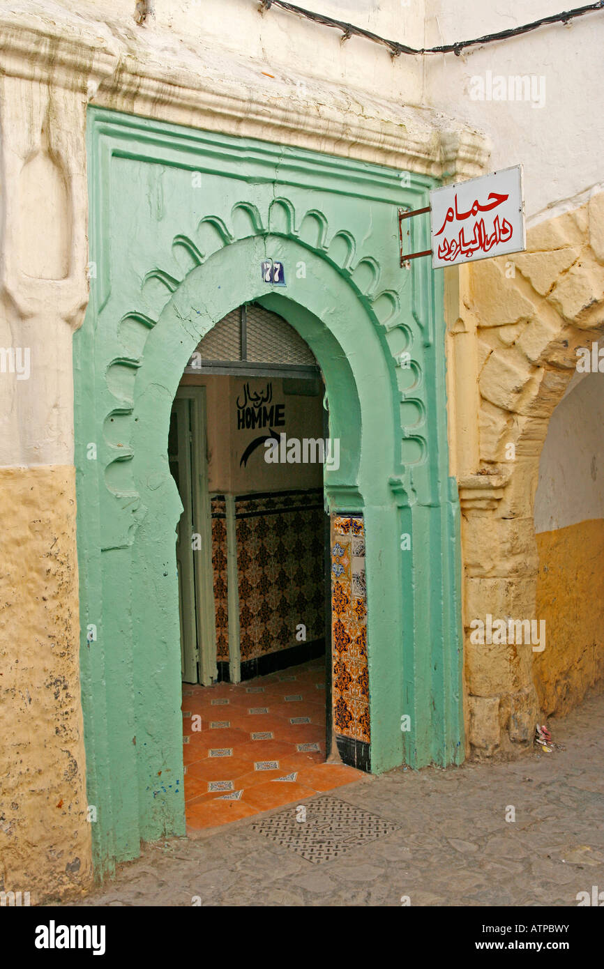 Doorway to Dar el Baroud hammam a traditional bathhouse in Tangier with