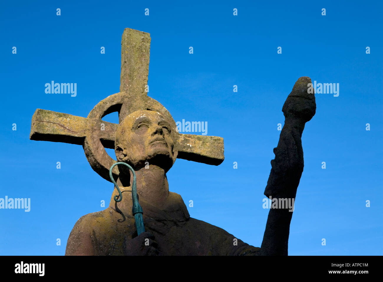 St Aidans statue in the grounds of Lindisfarne Priory on Holy Island