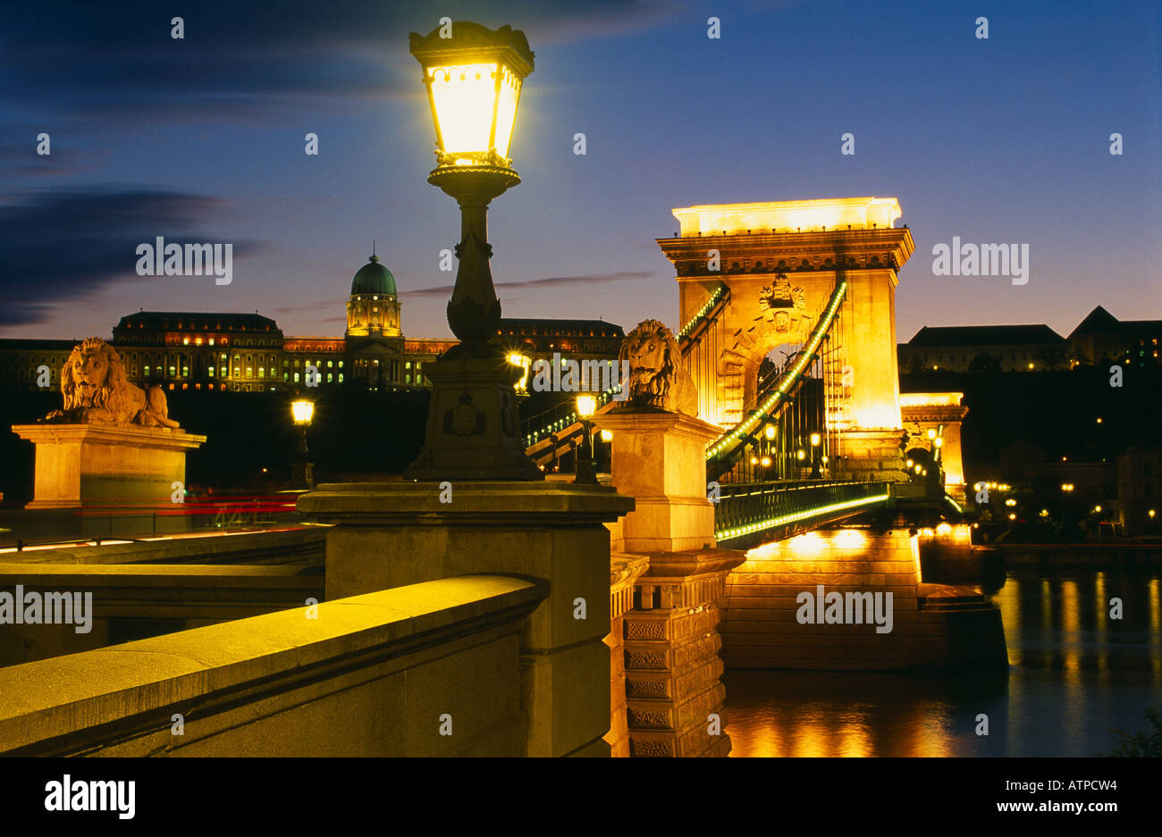 the Chain Bridge over River Danube Budapest Hungary Stock Photo