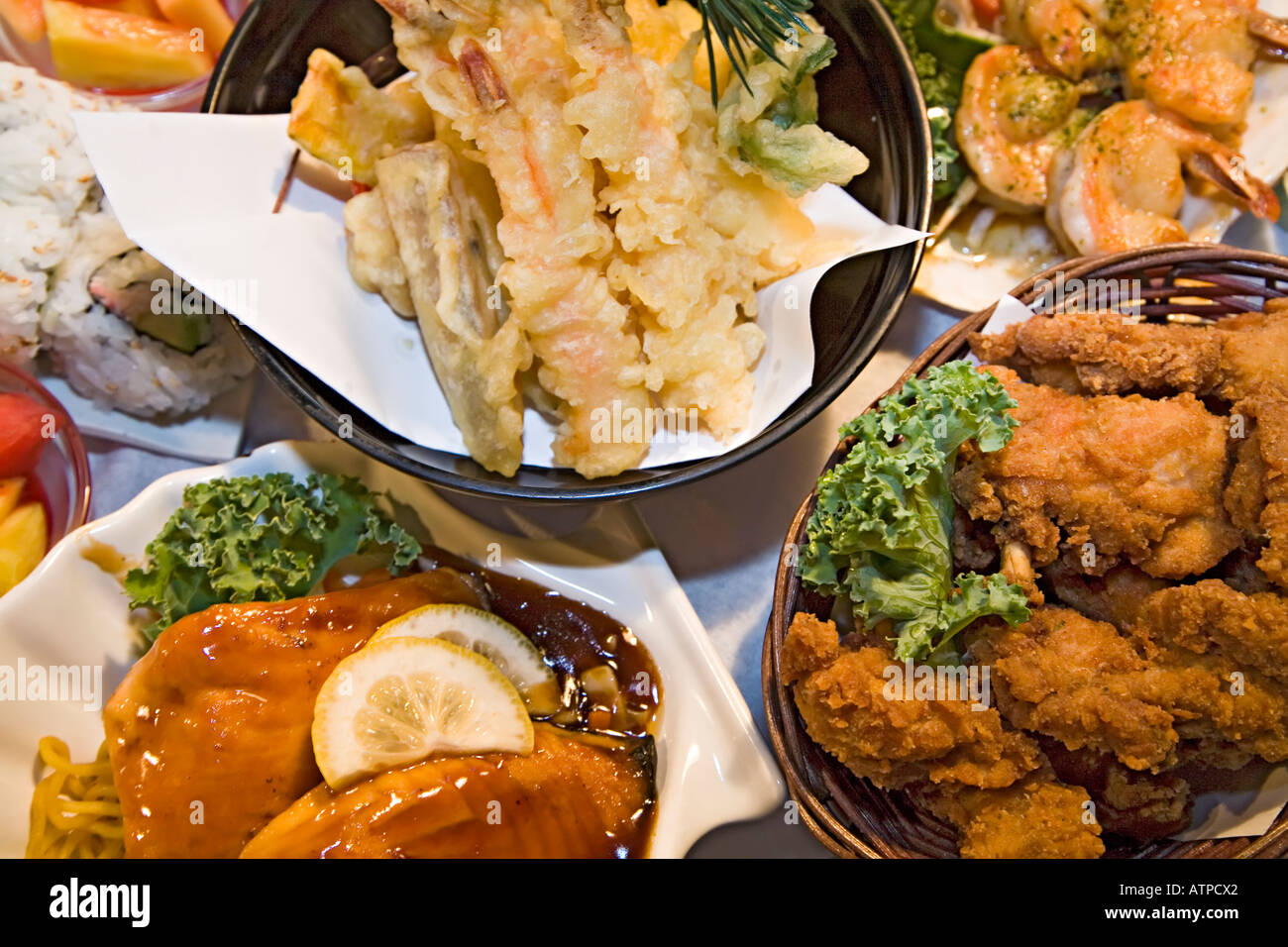Japanese teriyaki food served in bowls in Japanese restaurant Vancouver Canada Stock Photo
