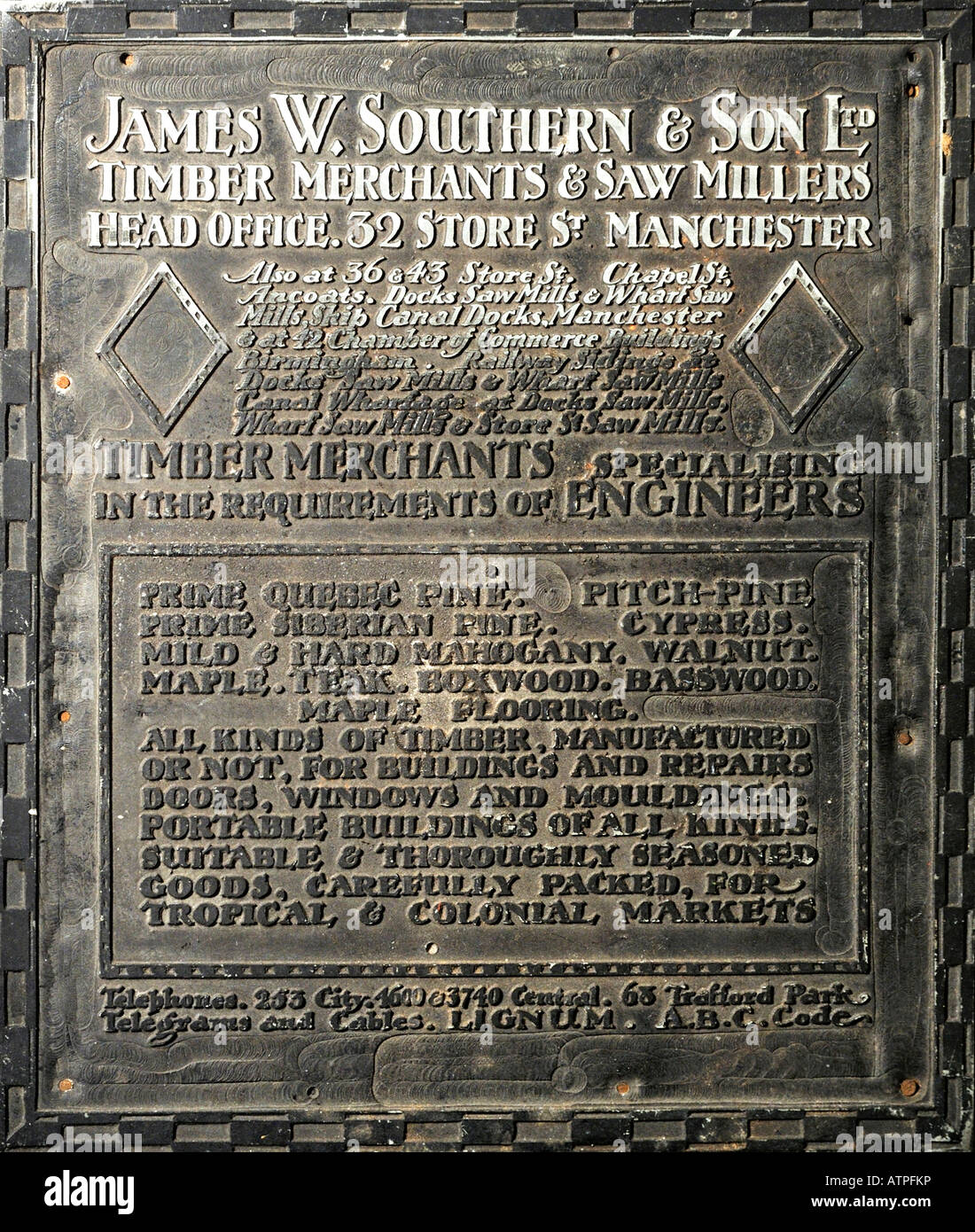 Zinc and Wood Printing Block Plate digitally laterally rotated to show advertisement for James W Southern & Sons Ltd Timber Stock Photo
