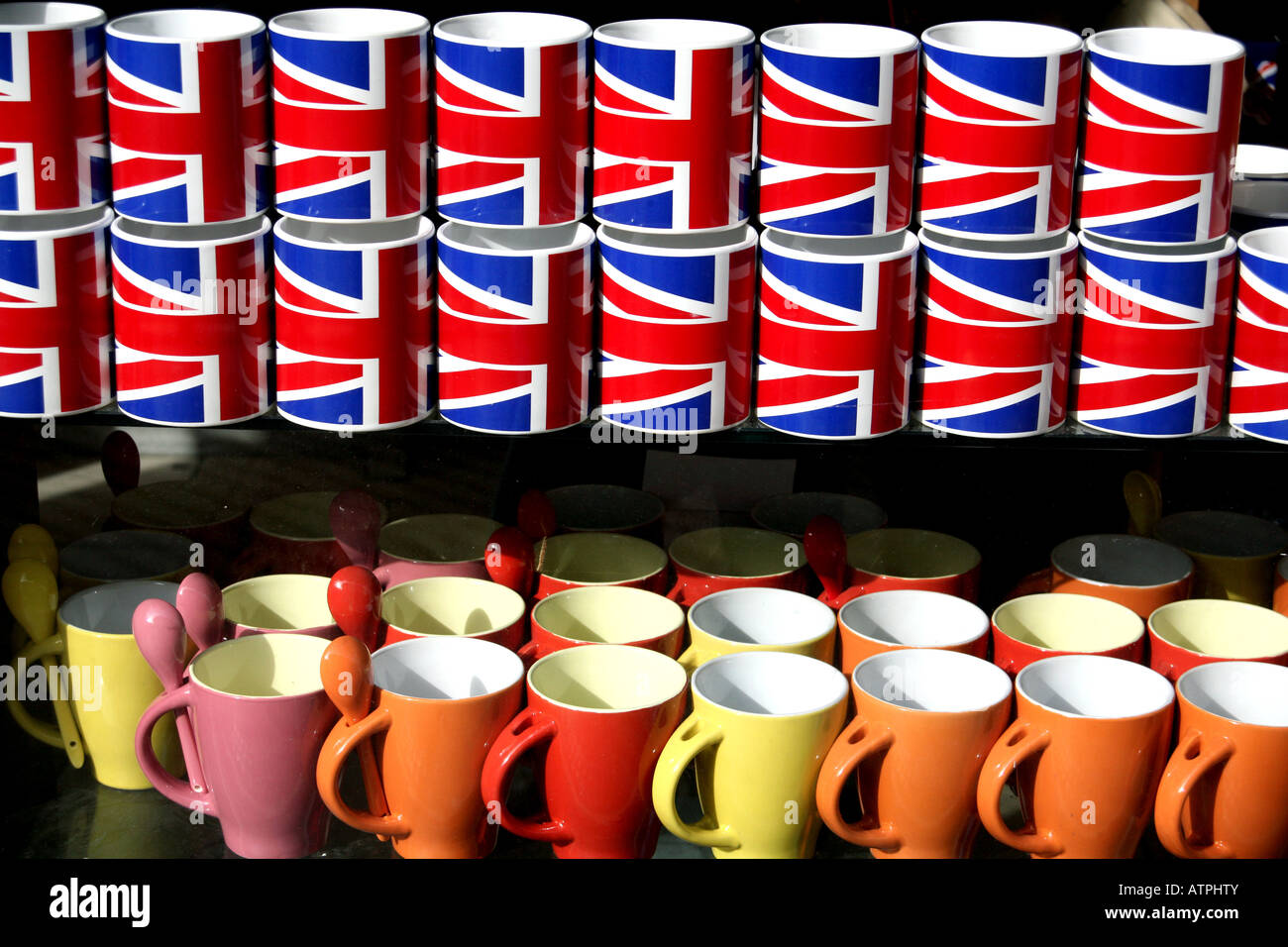 Union Jack mugs on display in London tourist souvenir shop Stock Photo