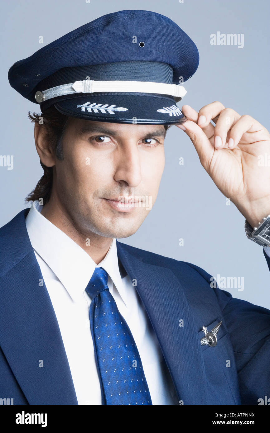 Portrait of a pilot tipping his cap Stock Photo Alamy