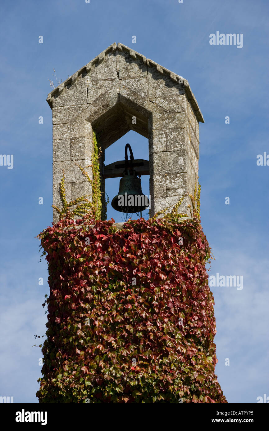 stone pitched roof  bell tower overgrown with virginia creeper Stock Photo