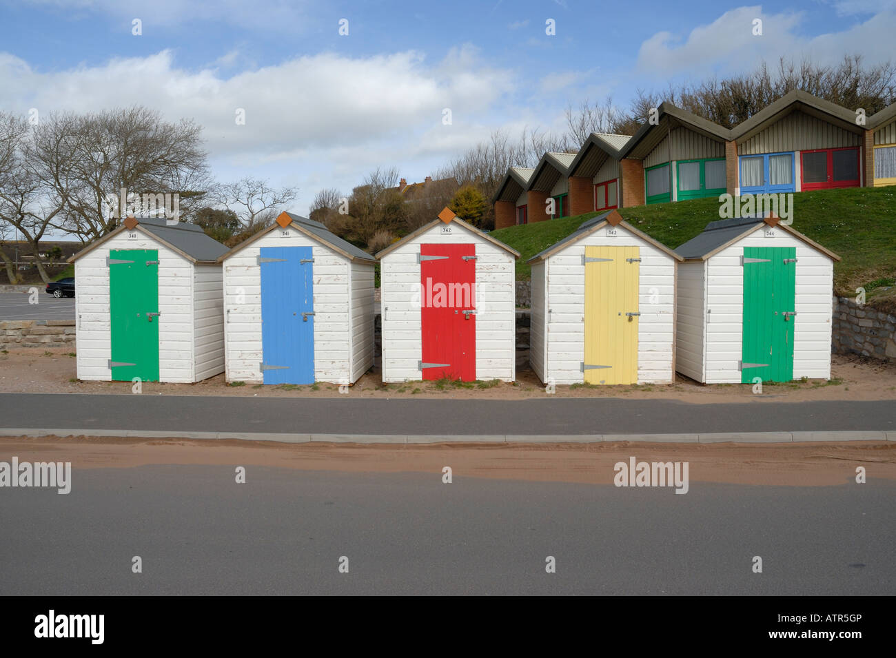 Row of colourful beach huts at Exmouth, Devon, England Stock Photo Alamy