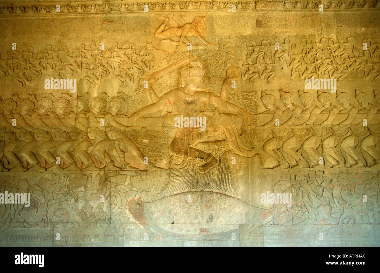 Angkor bas reliefs of Hindu myths at temple of Angkor Wat Stock Photo ...