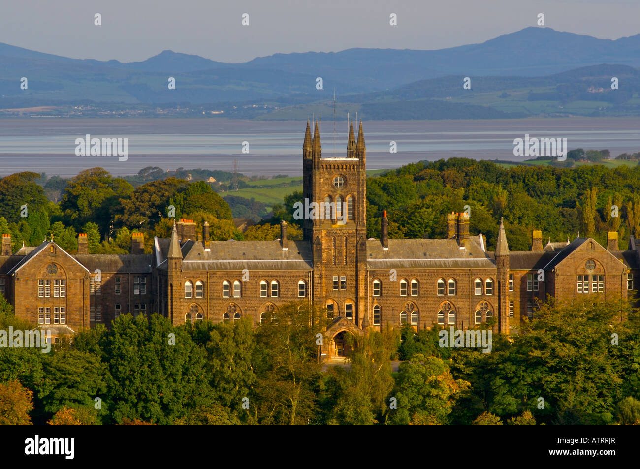 The old Lancaster Moor Hospital, built 1883, with Morecambe Bay and