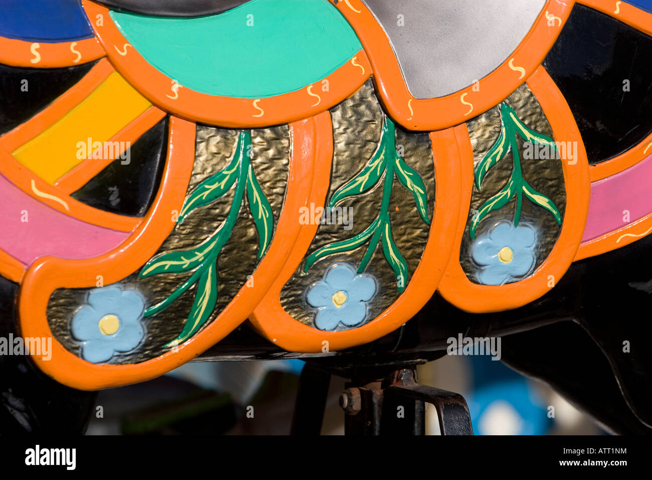 Detail of saddle on carousel horse at a carnival in the United States ...