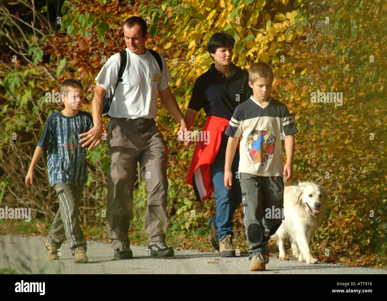 Familie beim herbstlichen Spaziergang mit Hund family with dog is walking in autumn Bildagentur online Begsteiger Stock Photo