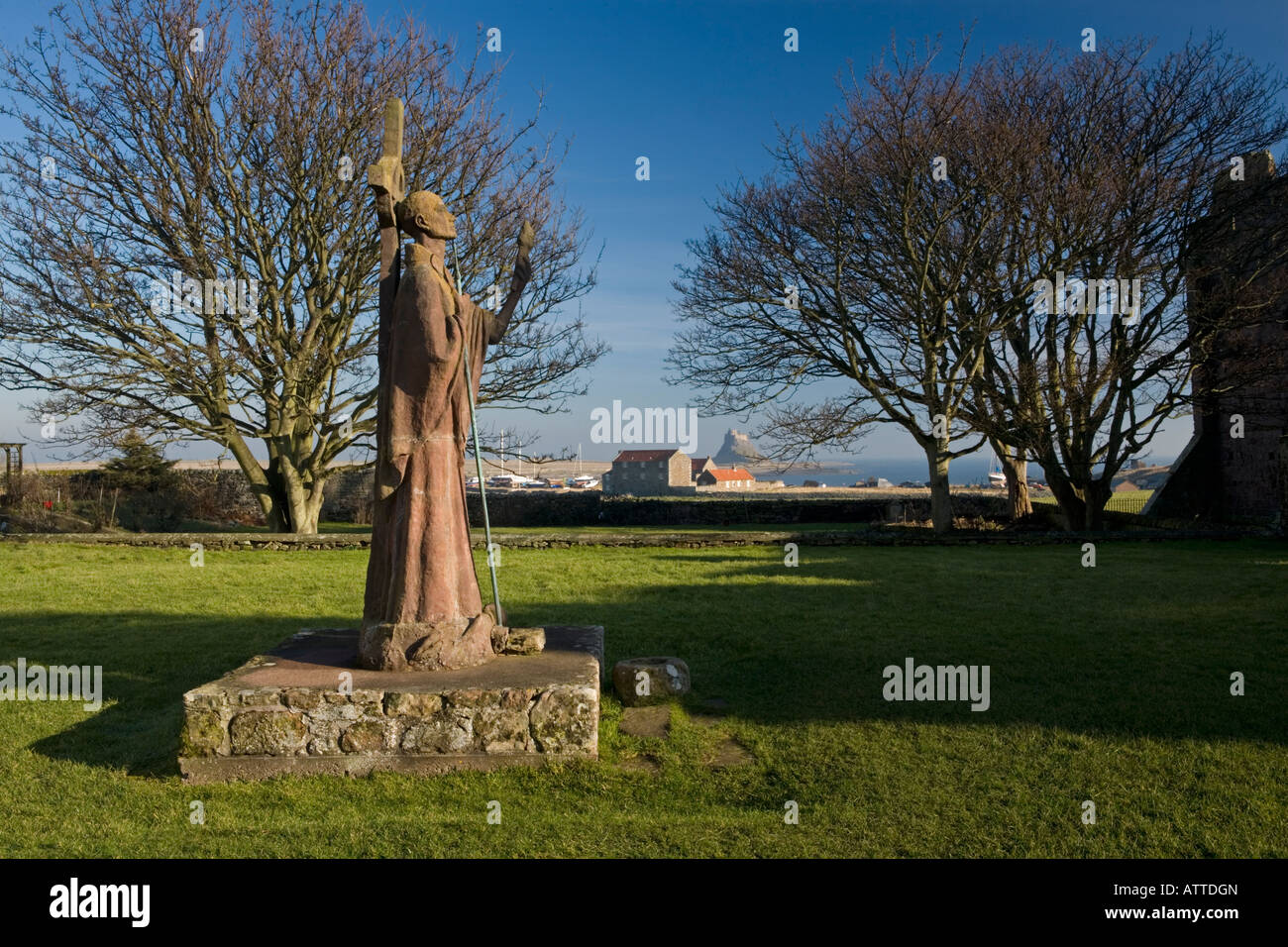 St Aidans statue in the grounds of Lindisfarne Priory on Holy Island