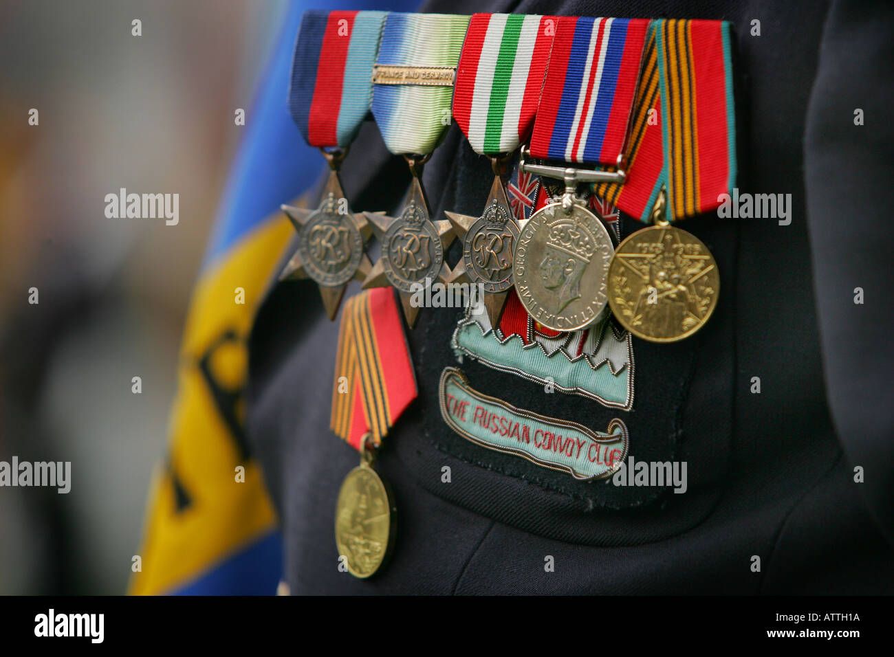 Medals on the chest of a war veteran at an Armistice Day Service in Exeter, Devon UK Stock Photo