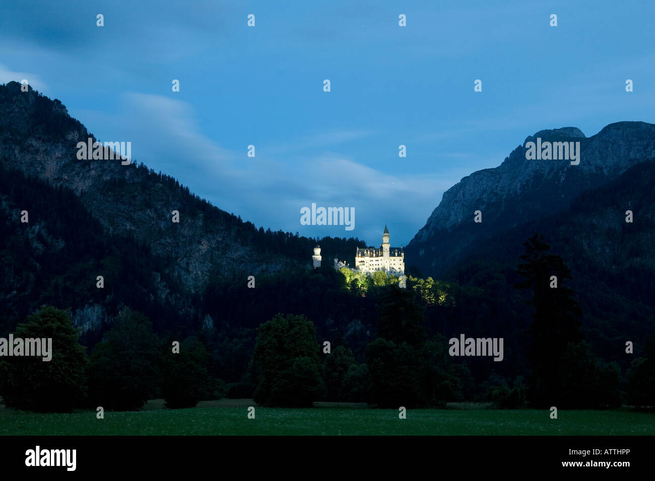 Bavarian Castle Neuschwanstein at dusk, Neuschwanstein, Bavaria, Germany, Europe, EU Stock Photo