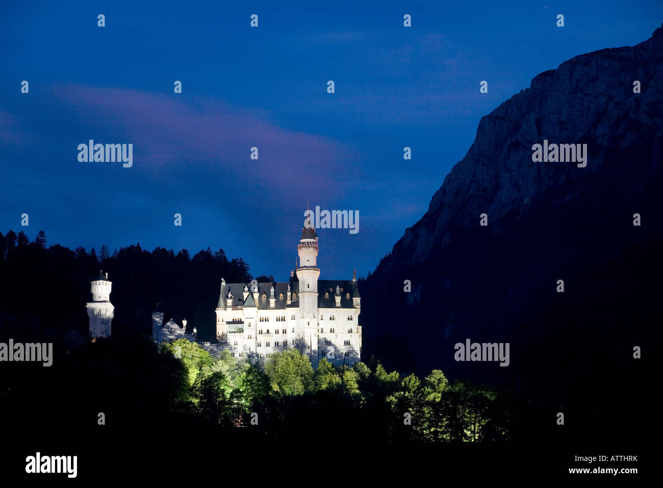 Bavarian Castle Neuschwanstein at dusk, Neuschwanstein, Bavaria, Germany, Europe, EU Stock Photo