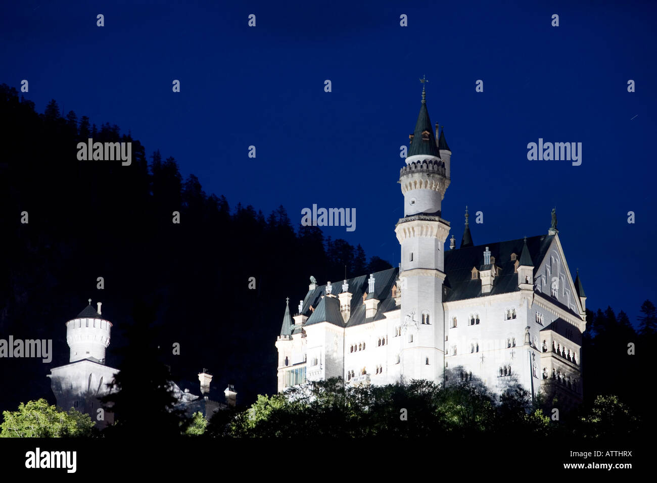 Bavarian Castle Neuschwanstein at dusk, Neuschwanstein, Bavaria, Germany, Europe, EU Stock Photo