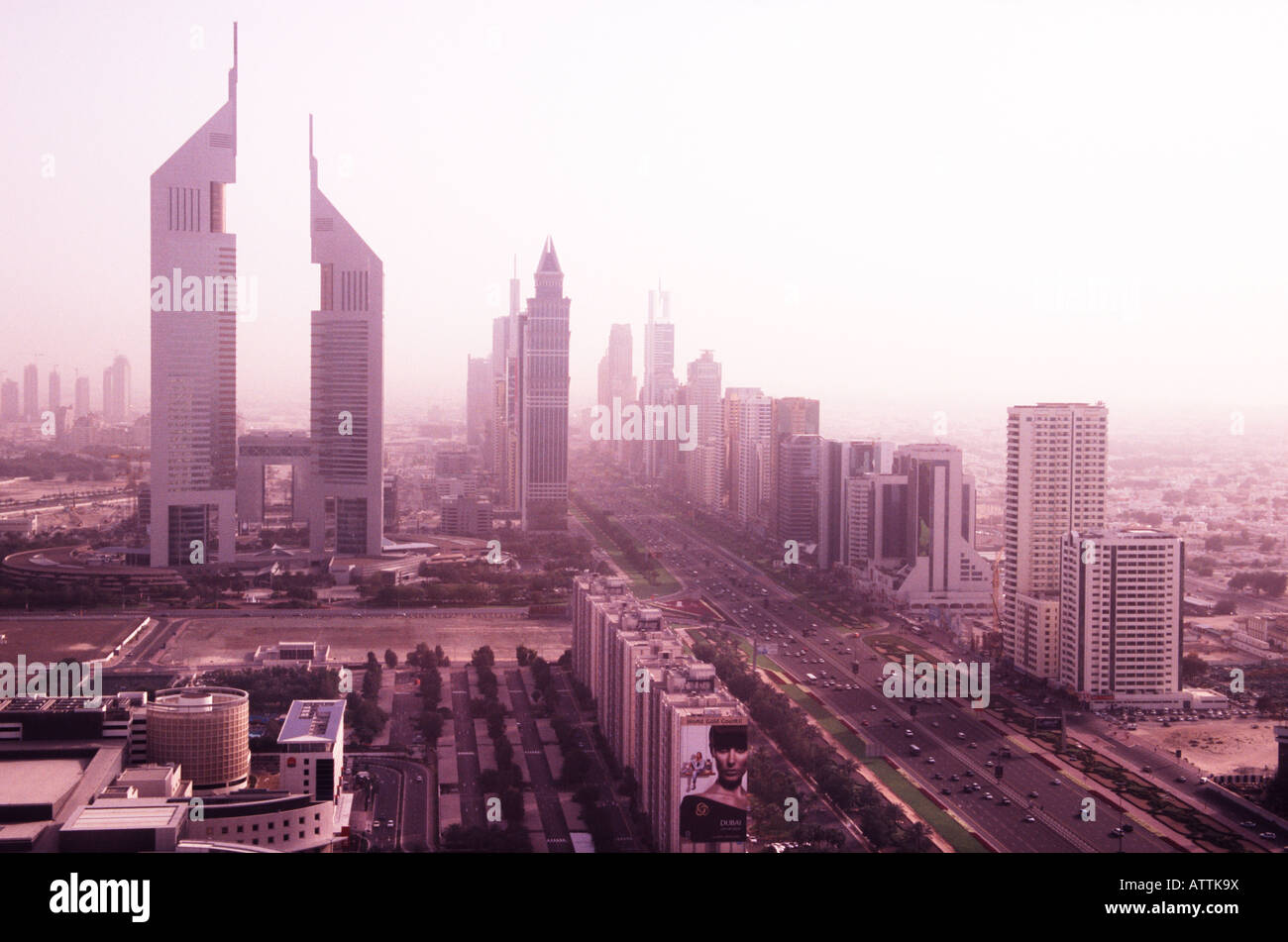 Dubai Skyline Emirates Towers Asia UNITED ARABIAN EMIRATES Stock Photo