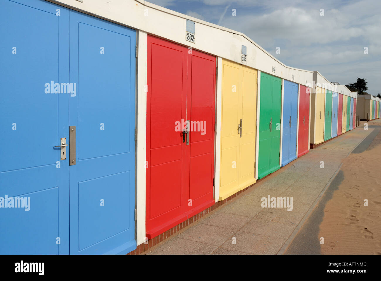 Row of colourful beach huts at Exmouth, Devon, England Stock Photo Alamy